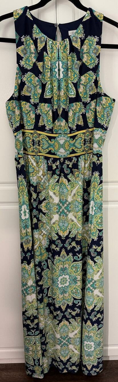 London Times Sleeveless Maxi Dress Navy Blue with Paisley Print Size 14